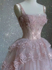 Pink Tulle Ball Gown Strap Prom Dresses For Women Birthday Outfit