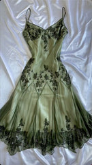 Vintage Green Emerald Maxi Dress Embroidered Crystals Floral Designs