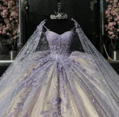 Light Purple Quinceanera Ball Gown with Cape Butterfly Applique