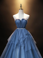 Elegant Blue Sweetheart Neck Tulle Long Prom Evening Dress Floor-Length Glamorous