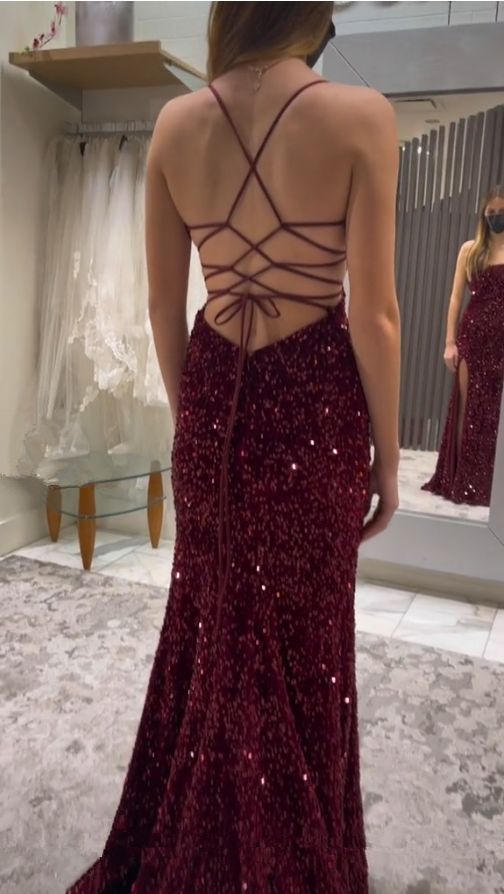 Sequined Mermaid Evening Gown Floor-Length Lace-Up Back Prom Dress
