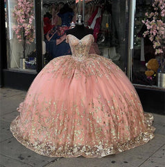Pink Princess Off-Shoulder Tulle Ball Gown Quinceanera Dress