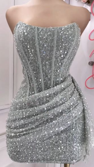 Pink Strapless Sequins Mini Dress Homecoming Party Birthday Outfit 