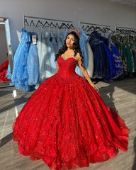 3D Floral Red Quinceañera Ball Gown with Sequins Tulle