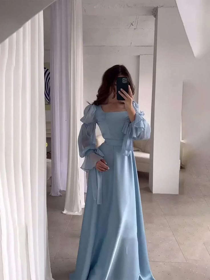 Light Blue Tiered Chiffon Puff-Sleeve Long Evening Dress