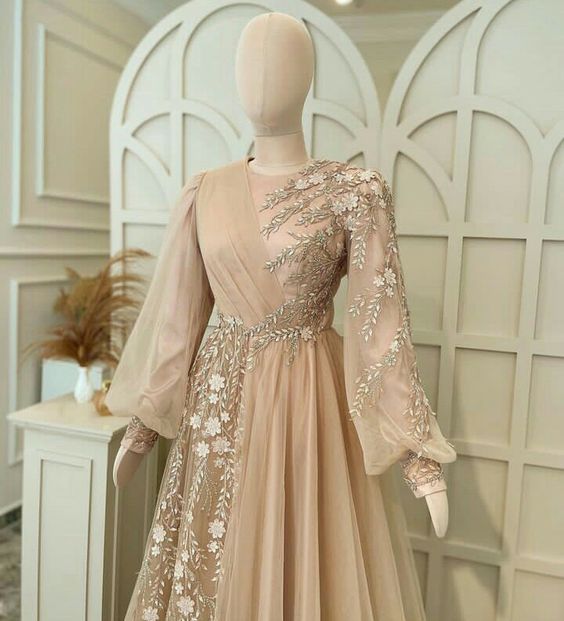 Champagne Tulle Evening Gown - Muslim Wedding Guest Special Occasion Dress Champagne Tulle Evening Gown - Muslim Wedding Guest Special Occasion Dress