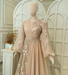 Champagne Tulle Evening Gown - Muslim Wedding Guest Special Occasion Dress