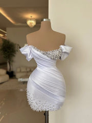 White Satin Off-Shoulder Pleated Mini Prom Party Dress with Pearls