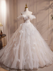 Elegant A-Line Off-Shoulder White Tulle Prom Dress: Perfect Sweet Sixteen Gown