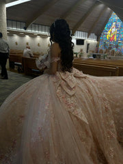 Pink Off-Shoulder Corset Quinceañera Ball Gown Tulle Dress