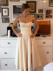 Satin A-Line Prom Dress Sleeveless Built-In Bra Zipper Evening Gown