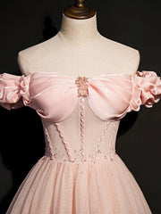 Pink Tulle Off Shoulder Long Prom Dress Formal Gown For Women