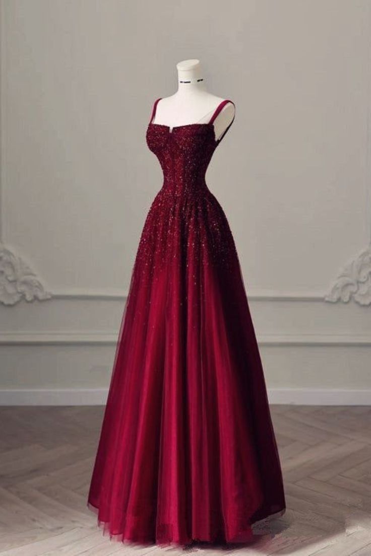Burgundy Tulle A-Line Prom Dress with Straps and Lace-Up