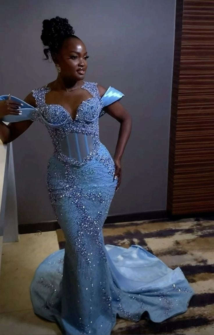 Sparkly Rhinestones Blue Mermaid Long Prom Evening Dress