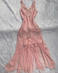 Pink V-Neck Chiffon Long Evening Party Dress with Built-in Bra