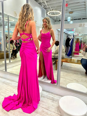 Fuchsia Satin Mermaid Prom Dress with High Slit and Zipper