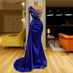 One Shoulder Long Sleeve Satin Mermaid Prom Dress Evening Gown