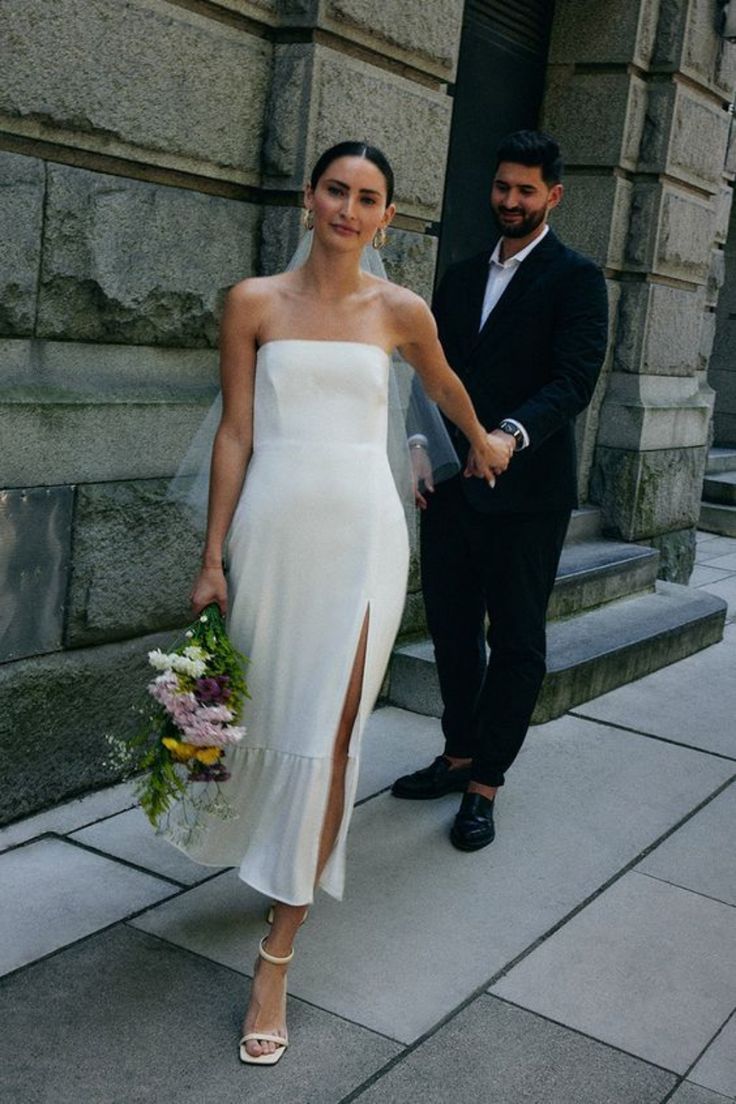 Strapless Satin Sheath Midi Wedding Dress with Side Slit
