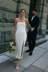 Strapless Satin Sheath Midi Wedding Dress with Side Slit