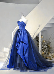 Blue Satin Tulle Long Prom Dress with Lace-Up Back