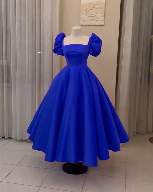 Ankle-Length Satin Ball Gown with Puffy Sleeves and Built-In Bra