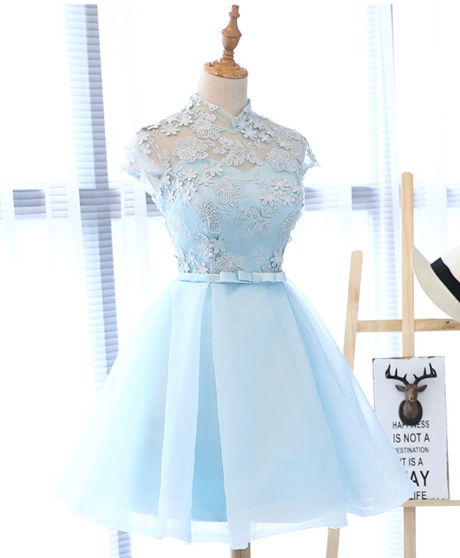 ice blue short prom dress Pretty V Neck Layered Blue Lace Short Prom Dresses, Light Blue Lace Ho jbydress