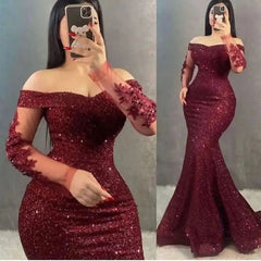 Sequin Mermaid Evening Dress Long Sleeve Fitted Zipper Back