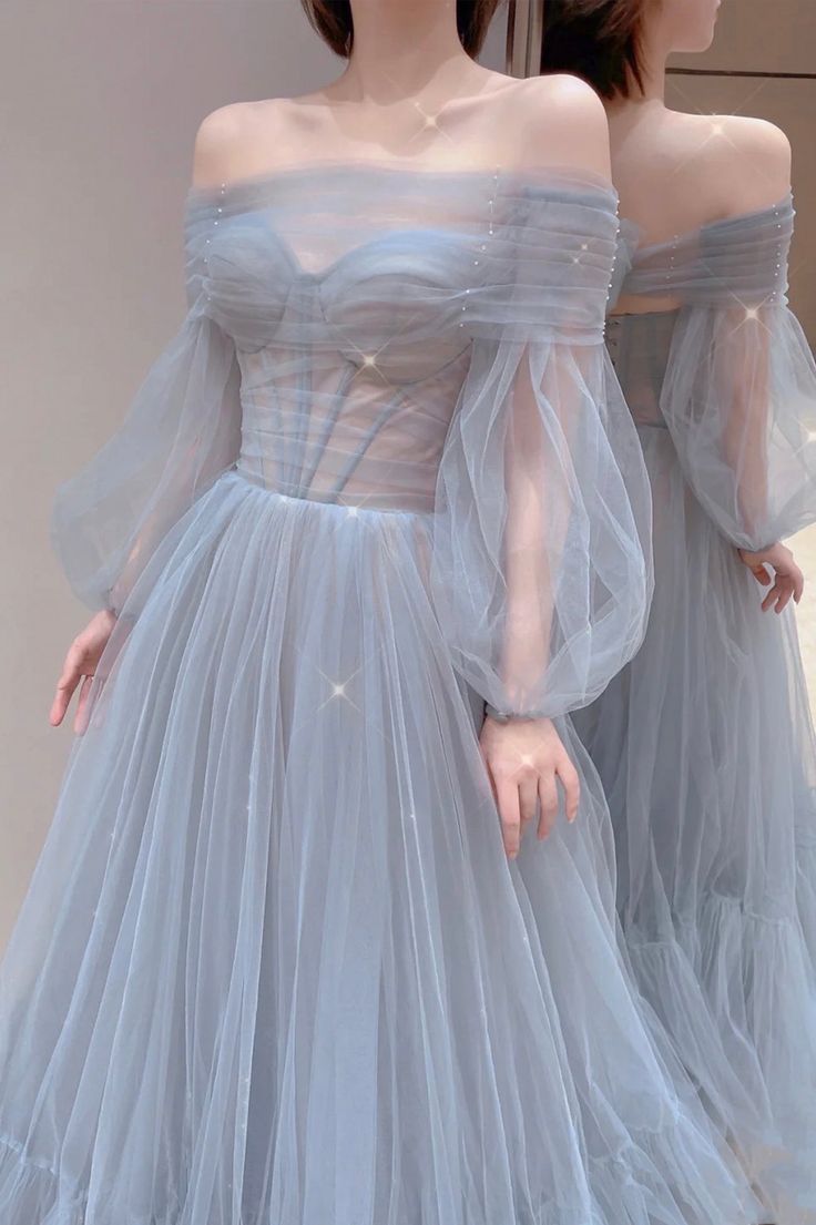 Blue Tulle Long Prom Dress with Built-In Bra and Zipper