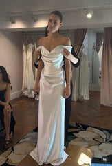 Sexy Sheath Off Shoulder Satin Long Wedding Dresses For Women