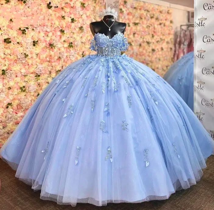 Sparkly Sky Blue Quinceanera Ball Gown with Appliques Beading Sequins