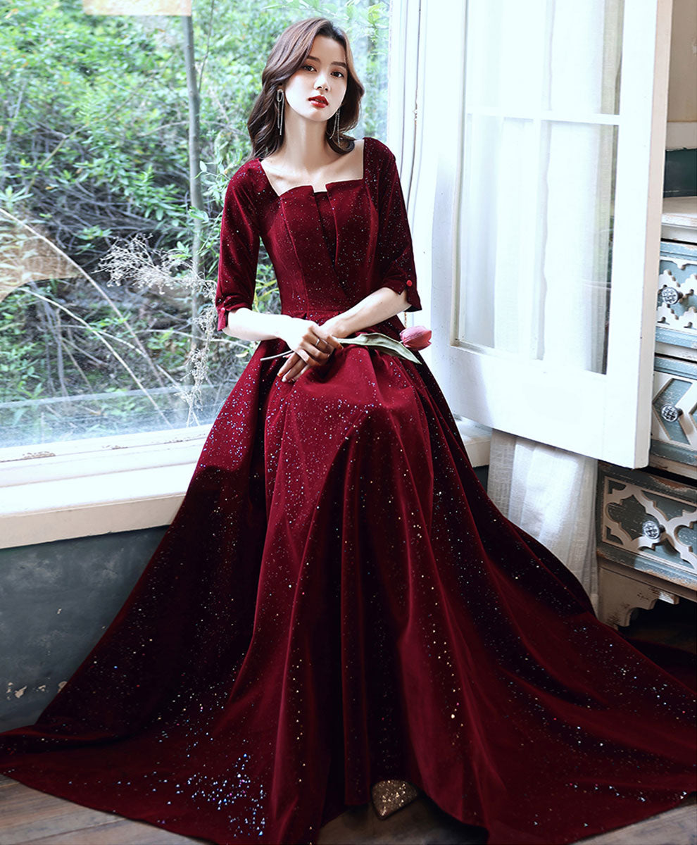 burgundy velvet prom dress Classy Off The Shoulder Burgundy Velvet Prom Dress