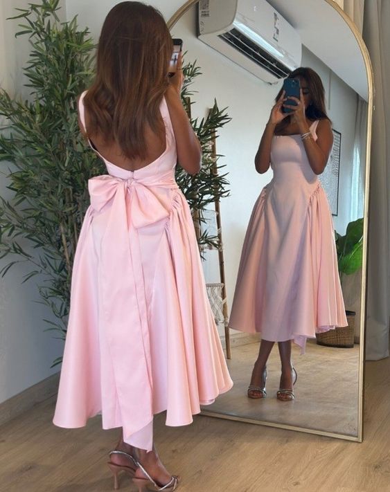Satin Pink Mid-Length Prom Dress Sleeveless Zippered Evening Gown