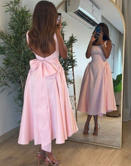 Satin Pink Mid-Length Prom Dress Sleeveless Zippered Evening Gown
