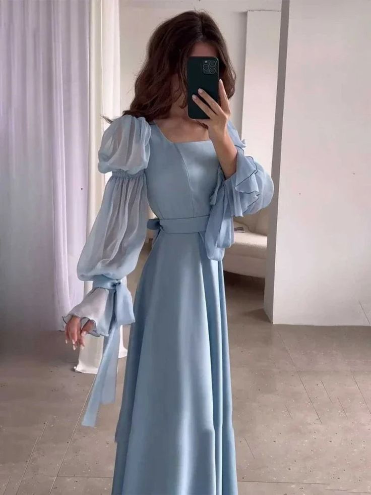 Light Blue Tiered Chiffon Puff-Sleeve Long Evening Dress