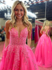 V-Neck Pink A-Line Lace Tulle Long Prom Evening Dress