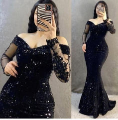 Sequin Mermaid Evening Dress Long Sleeve Fitted Zipper Back