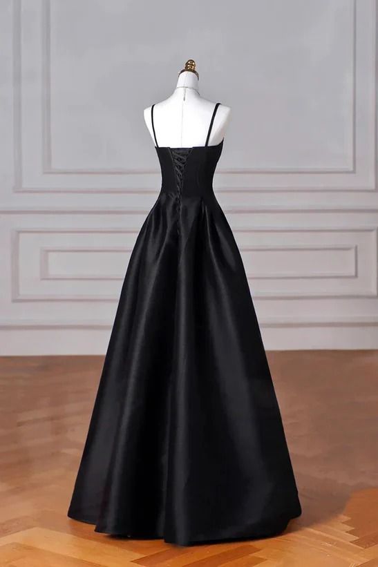 Elegant Black A-Line Satin Long Prom Dress With Lace-Up Back