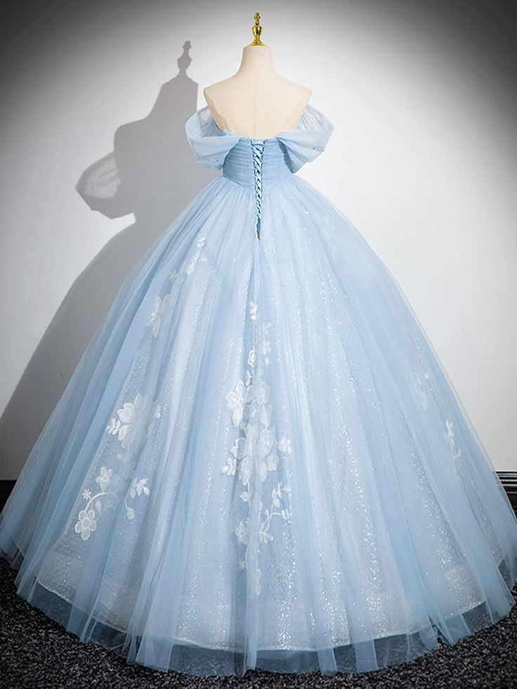 Blue Off-Shoulder Tulle Sequin A-Line Long Prom Dress
