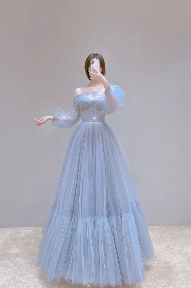 Blue Tulle Long Prom Dress with Built-In Bra and Zipper