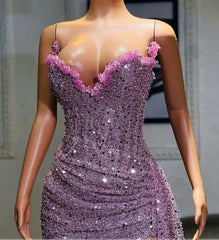 Light Purple Beaded High Split Evening Mermaid Prom Wedding Dresses
