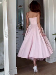 Satin Sleeveless Midi Evening Dress with Built-In Bra Pink