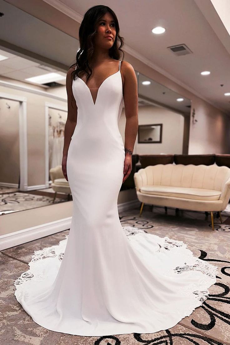 v neck mermaid wedding dress Mermaid V-Neck Satin Wedding Dress with Lace Appliques Backless