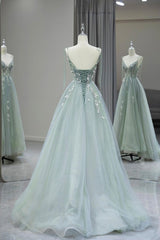 Spaghetti Strap Tulle Floor-Length V-Neck Backless Formal Dress