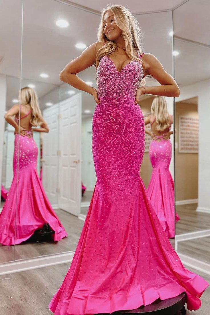 Hot Pink Satin V-Neck Mermaid Prom Dress with Beading