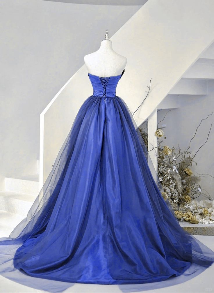 Blue Satin Tulle Long Prom Dress with Lace-Up Back
