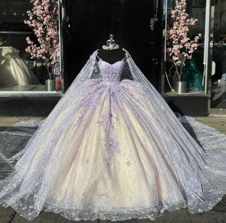 Light Purple Quinceanera Ball Gown with Cape Butterfly Applique
