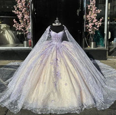Light Purple Quinceanera Ball Gown with Cape Butterfly Applique
