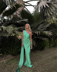 Satin One-Shoulder Long Evening Prom Dress with Built-In Bra