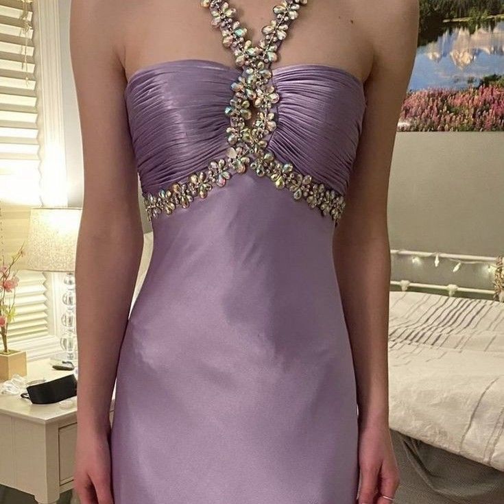 Glamorous Purple Satin Beaded Long Prom Evening Gown Dress