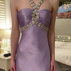Glamorous Purple Satin Beaded Long Prom Evening Gown Dress